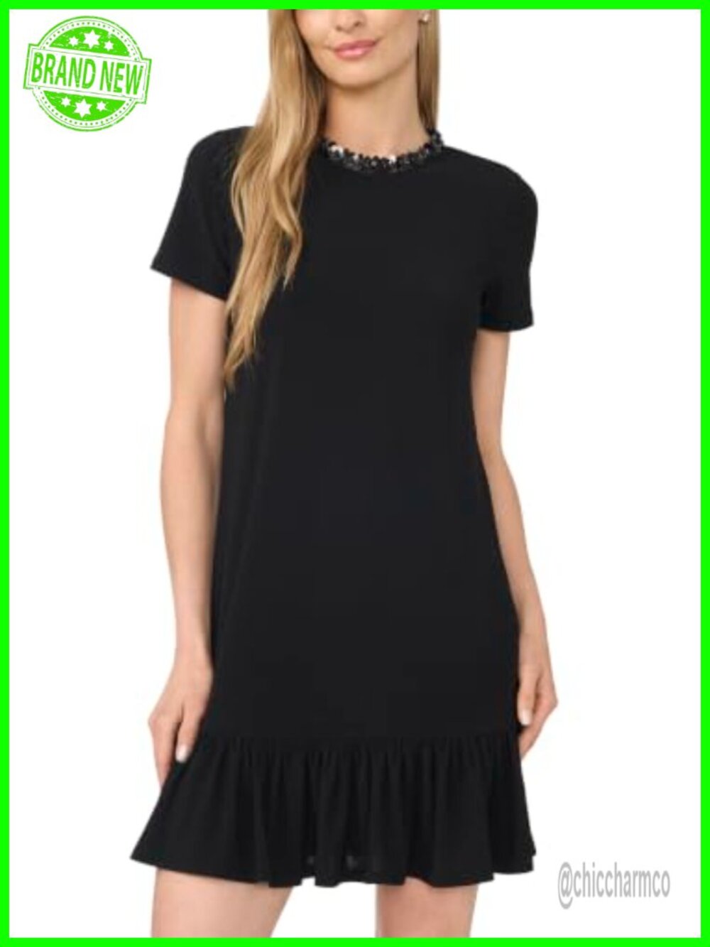 Short Sleeve Ruffle Hem Mini Dress with Sequin Neck